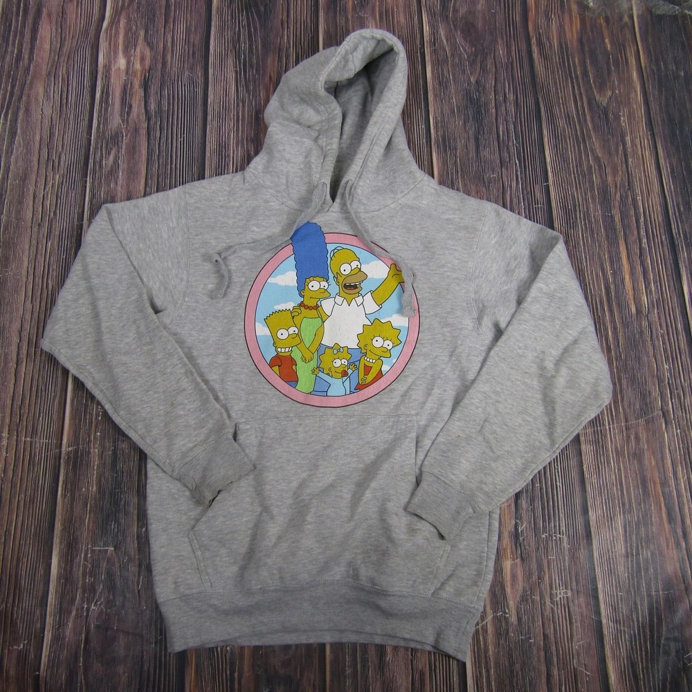 The Simpsons Hoodie Mens Small Gray Family Graphic Pullover Fleece Sweatshirt